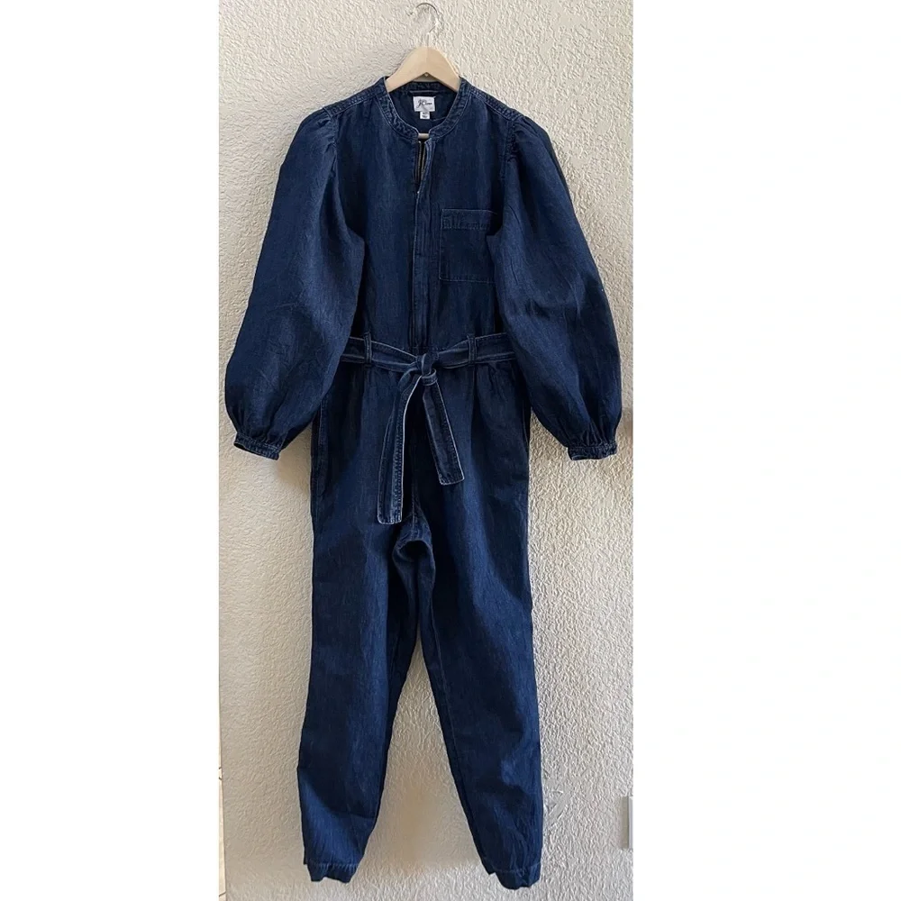 J. Crew Coverall Jumpsuit Puff Sleeve Denim Linen Casual Chic Boho Blue 10 Tall